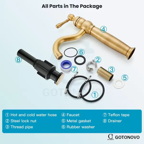 imagegotonovo 360 Swivel Single Handle One Hole Tall Bathroom Faucet Lavatory Vanity Bowl Faucet Vessel Sink Faucet with Pop Up Drain Antique BrassAntique Brass