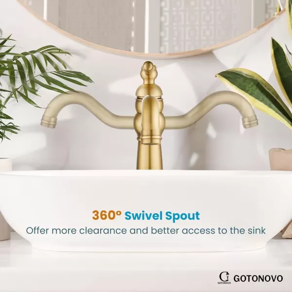imagegotonovo 360 Swivel Single Handle One Hole Tall Bathroom Faucet Lavatory Vanity Bowl Faucet Vessel Sink Faucet with Pop Up Drain Antique BrassAntique Brass