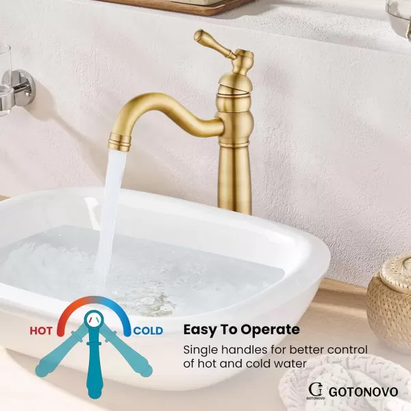 imagegotonovo 360 Swivel Single Handle One Hole Tall Bathroom Faucet Lavatory Vanity Bowl Faucet Vessel Sink Faucet with Pop Up Drain Antique BrassAntique Brass
