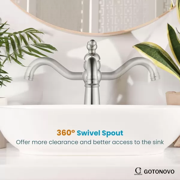 imagegotonovo 360 Swivel Single Handle One Hole Tall Bathroom Faucet Lavatory Vanity Bowl Faucet Vessel Sink Faucet with Pop Up Drain Antique BrassBrushed Nickel