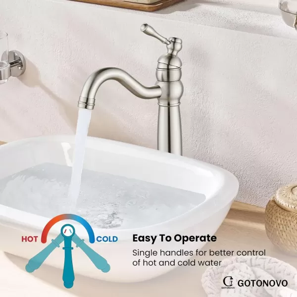imagegotonovo 360 Swivel Single Handle One Hole Tall Bathroom Faucet Lavatory Vanity Bowl Faucet Vessel Sink Faucet with Pop Up Drain Antique BrassBrushed Nickel
