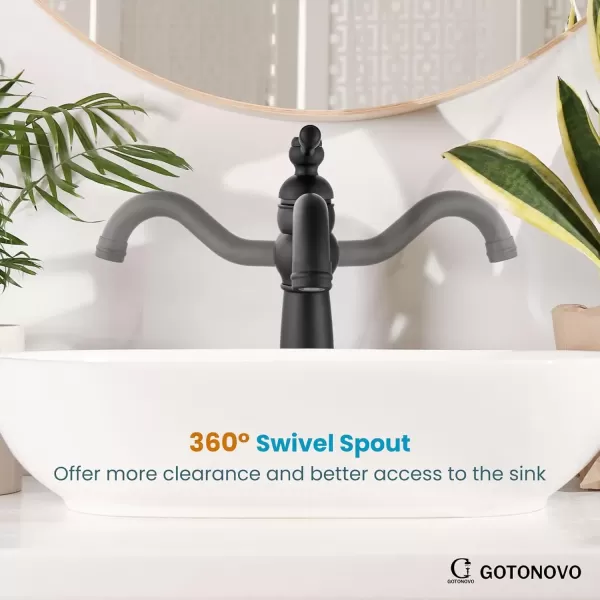 imagegotonovo 360 Swivel Single Handle One Hole Tall Bathroom Faucet Lavatory Vanity Bowl Faucet Vessel Sink Faucet with Pop Up Drain Antique BrassMatte Black