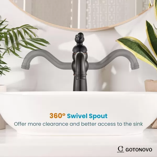 imagegotonovo 360 Swivel Single Handle One Hole Tall Bathroom Faucet Lavatory Vanity Bowl Faucet Vessel Sink Faucet with Pop Up Drain Antique BrassOil Rubbed Bronze
