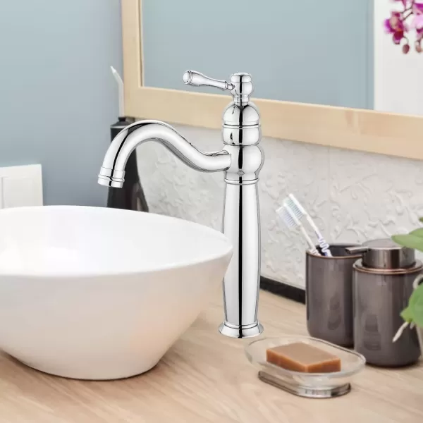 imagegotonovo 360 Swivel Single Handle One Hole Tall Bathroom Faucet Lavatory Vanity Bowl Faucet Vessel Sink Faucet with Pop Up Drain Antique BrassPolish Chrome