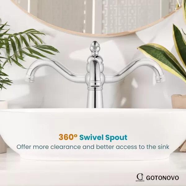 imagegotonovo 360 Swivel Single Handle One Hole Tall Bathroom Faucet Lavatory Vanity Bowl Faucet Vessel Sink Faucet with Pop Up Drain Antique BrassPolish Chrome