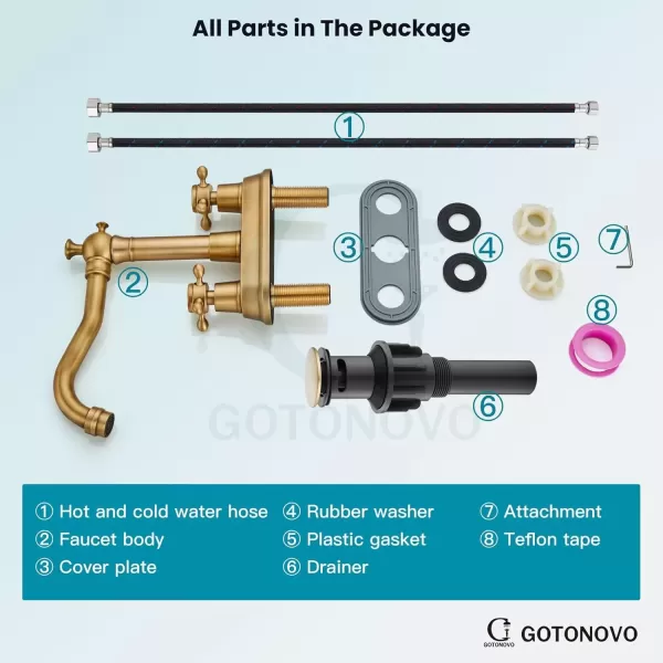 imagegotonovo 4 Inch Centerset Bathroom Sink Faucet with Double Cross Handles Deck Mounted 2 Hole Brass Lavatory Vanity Mixer Tap Include Supply Hose and Pop Up Drain RV Farmhouse Oil Rubbed BronzeAntique Brass