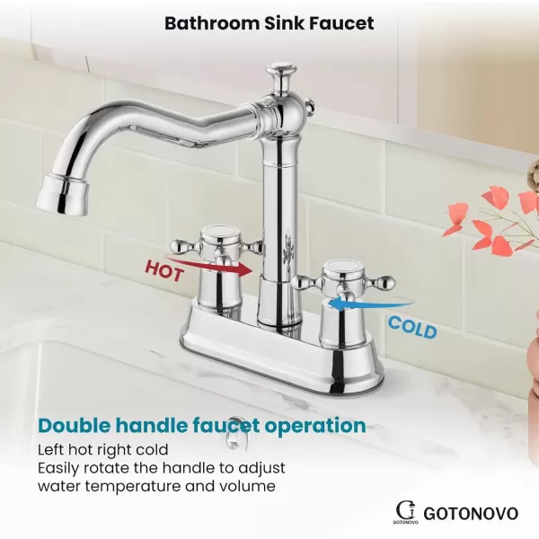 imagegotonovo 4 Inch Centerset Bathroom Sink Faucet with Double Cross Handles Deck Mounted 2 Hole Brass Lavatory Vanity Mixer Tap Include Supply Hose and Pop Up Drain RV Farmhouse Oil Rubbed BronzePolish Chrome