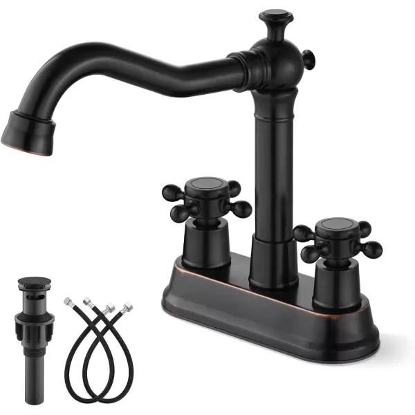 imagegotonovo 4 Inch Centerset Bathroom Sink Faucet with Double Cross Handles Deck Mounted 2 Hole Brass Lavatory Vanity Mixer Tap Include Supply Hose and Pop Up Drain RV Farmhouse Oil Rubbed BronzeOil Rubbed Bronze