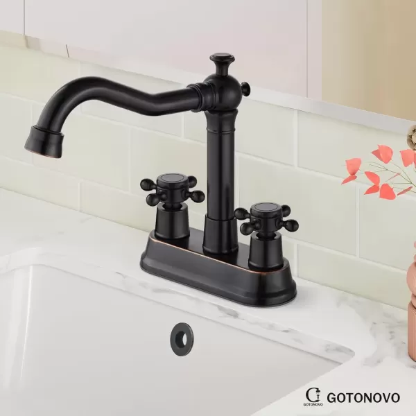 imagegotonovo 4 Inch Centerset Bathroom Sink Faucet with Double Cross Handles Deck Mounted 2 Hole Brass Lavatory Vanity Mixer Tap Include Supply Hose and Pop Up Drain RV Farmhouse Oil Rubbed BronzeOil Rubbed Bronze