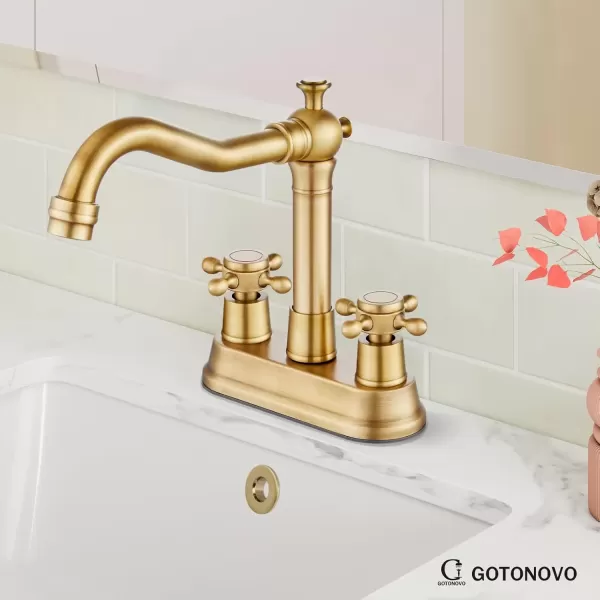 imagegotonovo 4 Inch Centerset Bathroom Sink Faucet with Double Cross Handles Deck Mounted 2 Hole Brass Lavatory Vanity Mixer Tap Include Supply Hose and Pop Up Drain RV Farmhouse Oil Rubbed BronzeAntique Brass