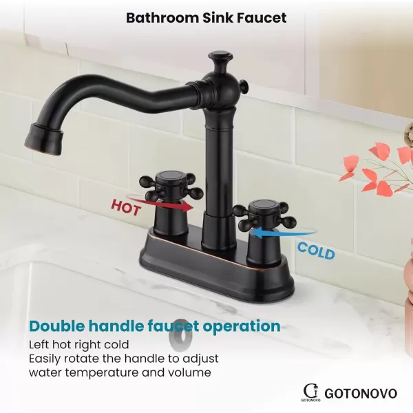 imagegotonovo 4 Inch Centerset Bathroom Sink Faucet with Double Cross Handles Deck Mounted 2 Hole Brass Lavatory Vanity Mixer Tap Include Supply Hose and Pop Up Drain RV Farmhouse Oil Rubbed BronzeOil Rubbed Bronze
