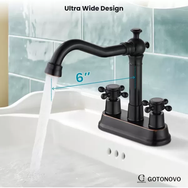 imagegotonovo 4 Inch Centerset Bathroom Sink Faucet with Double Cross Handles Deck Mounted 2 Hole Brass Lavatory Vanity Mixer Tap Include Supply Hose and Pop Up Drain RV Farmhouse Oil Rubbed BronzeOil Rubbed Bronze