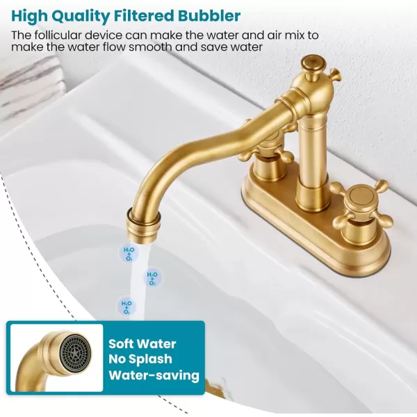 imagegotonovo 4 Inch Centerset Bathroom Sink Faucet with Double Cross Handles Deck Mounted 2 Hole Brass Lavatory Vanity Mixer Tap Include Supply Hose and Pop Up Drain RV Farmhouse Oil Rubbed BronzeAntique Brass