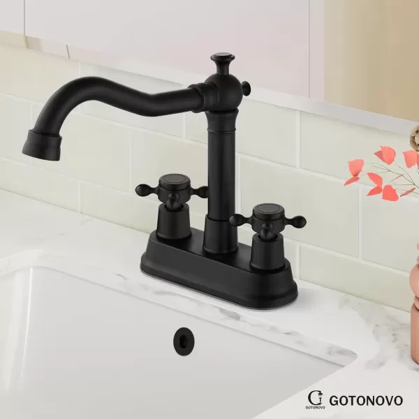 imagegotonovo 4 Inch Centerset Bathroom Sink Faucet with Double Cross Handles Deck Mounted 2 Hole Brass Lavatory Vanity Mixer Tap Include Supply Hose and Pop Up Drain RV Farmhouse Oil Rubbed BronzeMatte Black