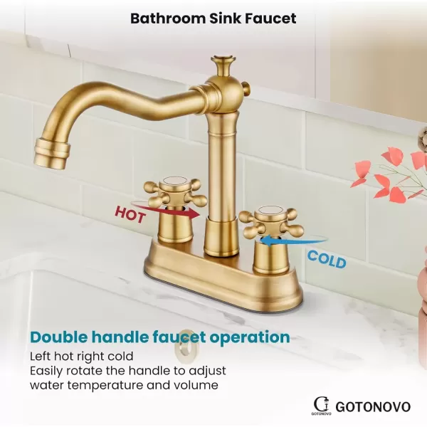 imagegotonovo 4 Inch Centerset Bathroom Sink Faucet with Double Cross Handles Deck Mounted 2 Hole Brass Lavatory Vanity Mixer Tap Include Supply Hose and Pop Up Drain RV Farmhouse Oil Rubbed BronzeAntique Brass