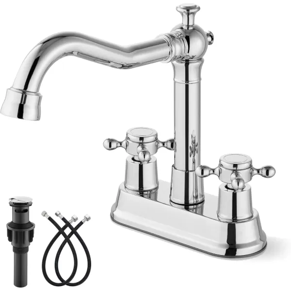 imagegotonovo 4 Inch Centerset Bathroom Sink Faucet with Double Cross Handles Deck Mounted 2 Hole Brass Lavatory Vanity Mixer Tap Include Supply Hose and Pop Up Drain RV Farmhouse Oil Rubbed BronzePolish Chrome