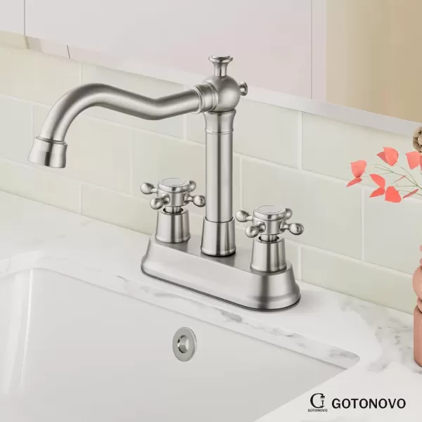 imagegotonovo 4 Inch Centerset Bathroom Sink Faucet with Double Cross Handles Deck Mounted 2 Hole Brass Lavatory Vanity Mixer Tap Include Supply Hose and Pop Up Drain RV Farmhouse Oil Rubbed BronzeBrushed Nickel