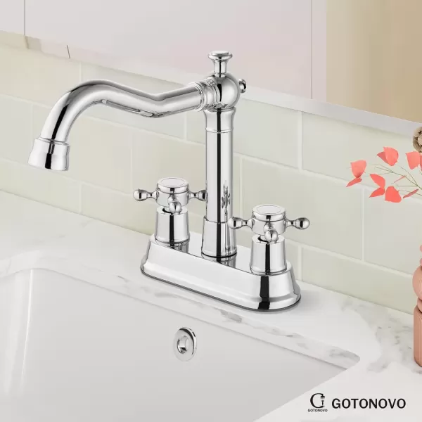 imagegotonovo 4 Inch Centerset Bathroom Sink Faucet with Double Cross Handles Deck Mounted 2 Hole Brass Lavatory Vanity Mixer Tap Include Supply Hose and Pop Up Drain RV Farmhouse Oil Rubbed BronzePolish Chrome