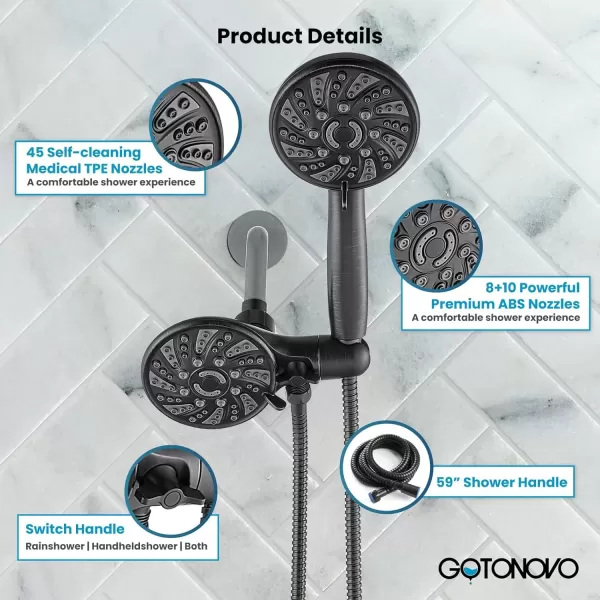 imagegotonovo 5 Settings ABS Shower Head with 5 Modes ABS Handheld Spray Shower Trim Kit High Pressure Dual 2 in 1 Showerhead Combo Oil Rubbed BronzeOil Rubbed Bronze