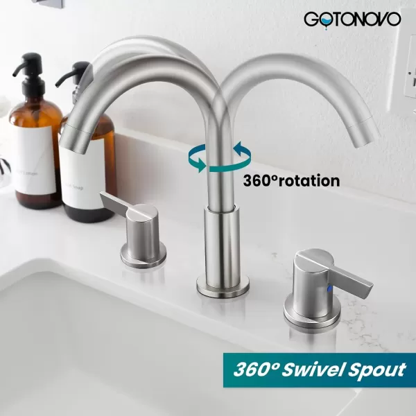 imagegotonovo 8 Inch Widespread Bathroom Faucet 3 Hole Bathroom Sink Faucet Deck Mount 2 Handles Lavatory Basin with Pop Up Drain with Hot and Cold Mixer Valves LowArch 360 Rotation Spout Polished ChromeBrushed Nickel