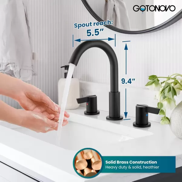 imagegotonovo 8 Inch Widespread Bathroom Faucet 3 Hole Bathroom Sink Faucet Deck Mount 2 Handles Lavatory Basin with Pop Up Drain with Hot and Cold Mixer Valves LowArch 360 Rotation Spout Polished ChromeMatte Black