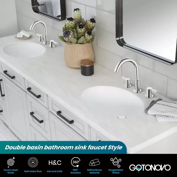 imagegotonovo 8 Inch Widespread Bathroom Faucet 3 Hole Bathroom Sink Faucet Deck Mount 2 Handles Lavatory Basin with Pop Up Drain with Hot and Cold Mixer Valves LowArch 360 Rotation Spout Polished ChromePolished Chrome