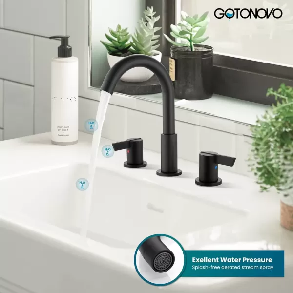 imagegotonovo 8 Inch Widespread Bathroom Faucet 3 Hole Bathroom Sink Faucet Deck Mount 2 Handles Lavatory Basin with Pop Up Drain with Hot and Cold Mixer Valves LowArch 360 Rotation Spout Polished ChromeMatte Black