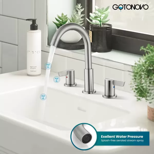 imagegotonovo 8 Inch Widespread Bathroom Faucet 3 Hole Bathroom Sink Faucet Deck Mount 2 Handles Lavatory Basin with Pop Up Drain with Hot and Cold Mixer Valves LowArch 360 Rotation Spout Polished ChromeBrushed Nickel