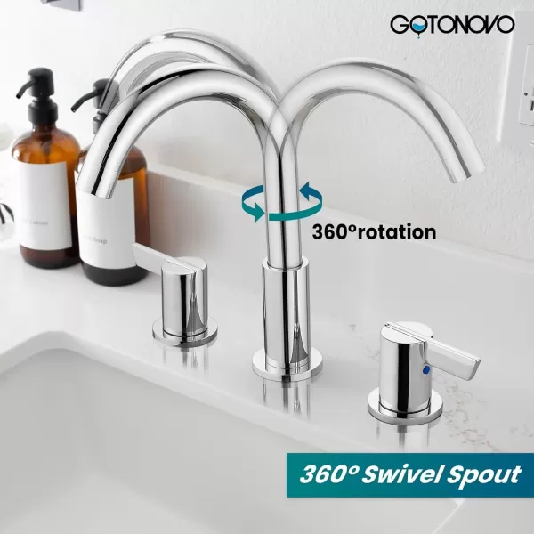imagegotonovo 8 Inch Widespread Bathroom Faucet 3 Hole Bathroom Sink Faucet Deck Mount 2 Handles Lavatory Basin with Pop Up Drain with Hot and Cold Mixer Valves LowArch 360 Rotation Spout Polished ChromePolished Chrome