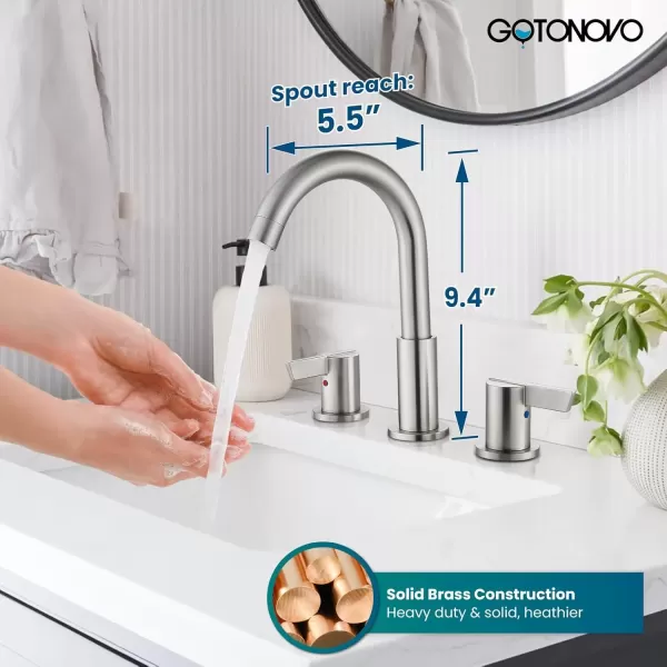 imagegotonovo 8 Inch Widespread Bathroom Faucet 3 Hole Bathroom Sink Faucet Deck Mount 2 Handles Lavatory Basin with Pop Up Drain with Hot and Cold Mixer Valves LowArch 360 Rotation Spout Polished ChromeBrushed Nickel