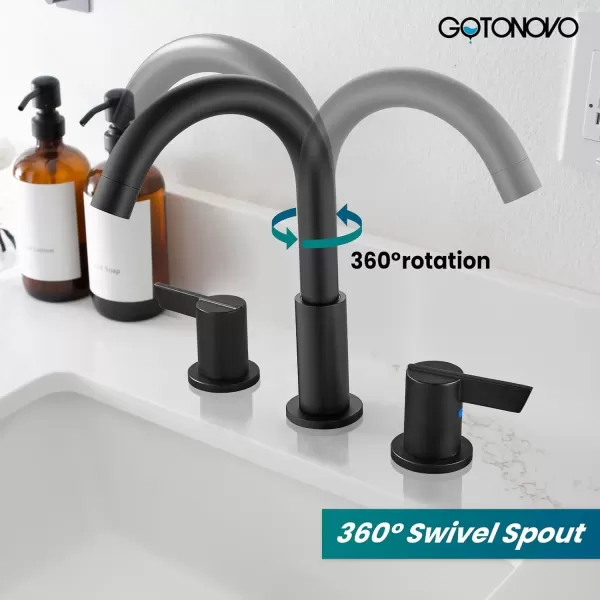 imagegotonovo 8 Inch Widespread Bathroom Faucet 3 Hole Bathroom Sink Faucet Deck Mount 2 Handles Lavatory Basin with Pop Up Drain with Hot and Cold Mixer Valves LowArch 360 Rotation Spout Polished ChromeMatte Black