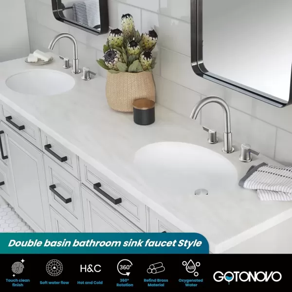 imagegotonovo 8 Inch Widespread Bathroom Faucet 3 Hole Bathroom Sink Faucet Deck Mount 2 Handles Lavatory Basin with Pop Up Drain with Hot and Cold Mixer Valves LowArch 360 Rotation Spout Polished ChromeBrushed Nickel