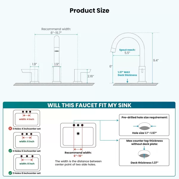 imagegotonovo 8 Inch Widespread Bathroom Faucet 3 Hole Bathroom Sink Faucet Deck Mount 2 Handles Lavatory Basin with Pop Up Drain with Hot and Cold Mixer Valves LowArch 360 Rotation Spout Polished ChromePolished Chrome