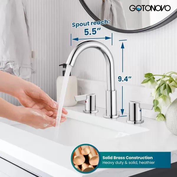 imagegotonovo 8 Inch Widespread Bathroom Faucet 3 Hole Bathroom Sink Faucet Deck Mount 2 Handles Lavatory Basin with Pop Up Drain with Hot and Cold Mixer Valves LowArch 360 Rotation Spout Polished ChromePolished Chrome