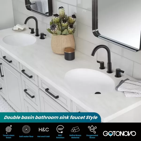 imagegotonovo 8 Inch Widespread Bathroom Faucet 3 Hole Bathroom Sink Faucet Deck Mount 2 Handles Lavatory Basin with Pop Up Drain with Hot and Cold Mixer Valves LowArch 360 Rotation Spout Polished ChromeMatte Black