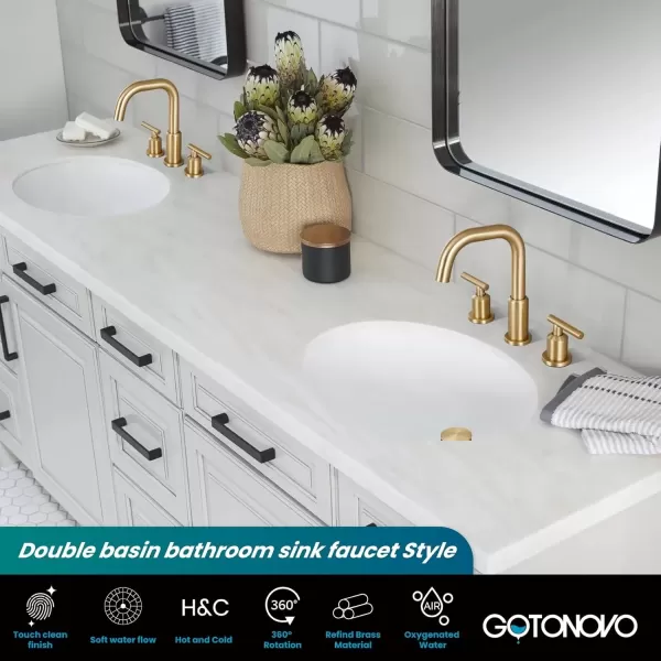imagegotonovo 8 Inch Widespread Bathroom Sink Faucet 3 Hole 2 Handles Lavatory Basin with Pop Up Drain with Hot and Cold Mixer Valves Vintage Brushed NickelBrushed Gold