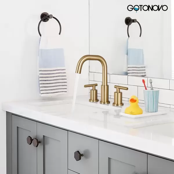 imagegotonovo 8 Inch Widespread Bathroom Sink Faucet 3 Hole 2 Handles Lavatory Basin with Pop Up Drain with Hot and Cold Mixer Valves Vintage Brushed NickelBrushed Gold