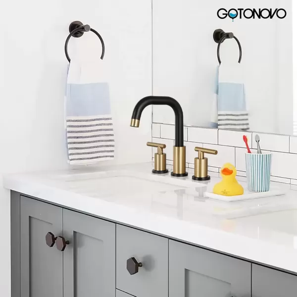 imagegotonovo 8 Inch Widespread Bathroom Sink Faucet 3 Hole 2 Handles Lavatory Basin with Pop Up Drain with Hot and Cold Mixer Valves Vintage Brushed NickelBlack  Brushed Gold
