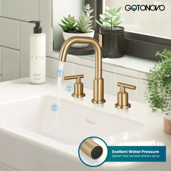 imagegotonovo 8 Inch Widespread Bathroom Sink Faucet 3 Hole 2 Handles Lavatory Basin with Pop Up Drain with Hot and Cold Mixer Valves Vintage Brushed NickelBrushed Gold