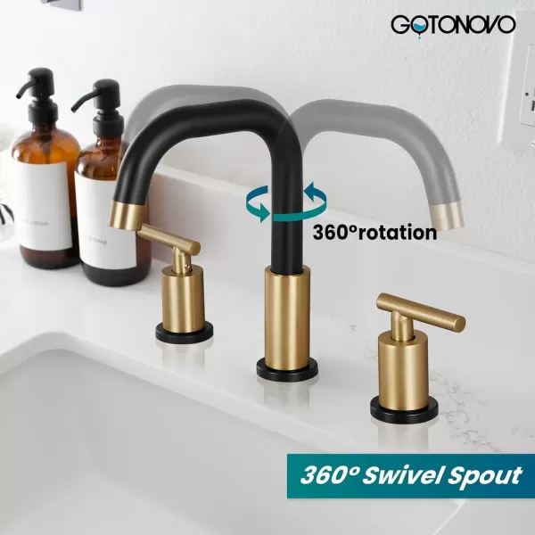 imagegotonovo 8 Inch Widespread Bathroom Sink Faucet 3 Hole 2 Handles Lavatory Basin with Pop Up Drain with Hot and Cold Mixer Valves Vintage Brushed NickelBlack  Brushed Gold