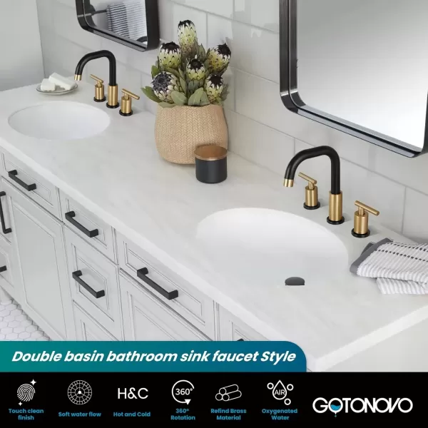 imagegotonovo 8 Inch Widespread Bathroom Sink Faucet 3 Hole 2 Handles Lavatory Basin with Pop Up Drain with Hot and Cold Mixer Valves Vintage Brushed NickelBlack  Brushed Gold