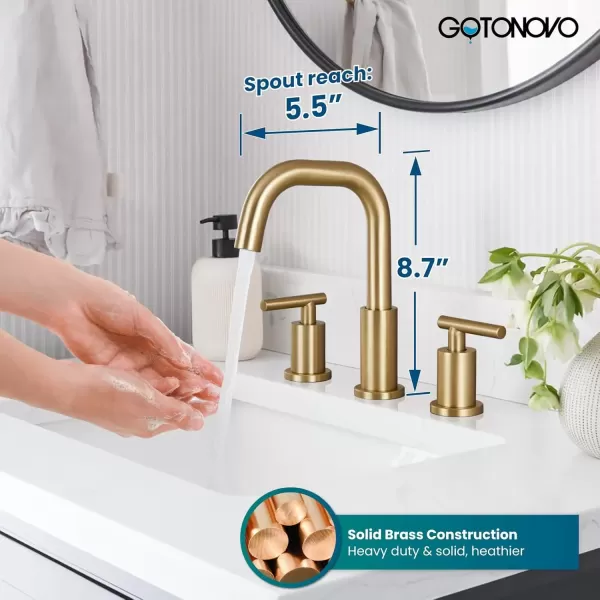 imagegotonovo 8 Inch Widespread Bathroom Sink Faucet 3 Hole 2 Handles Lavatory Basin with Pop Up Drain with Hot and Cold Mixer Valves Vintage Brushed NickelBrushed Gold