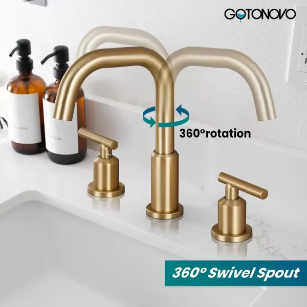 imagegotonovo 8 Inch Widespread Bathroom Sink Faucet 3 Hole 2 Handles Lavatory Basin with Pop Up Drain with Hot and Cold Mixer Valves Vintage Brushed NickelBrushed Gold