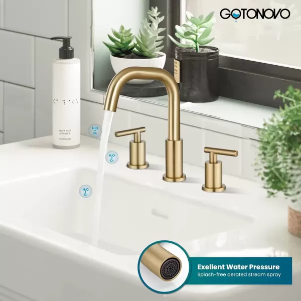 imagegotonovo 8 Inch Widespread Bathroom Sink Faucet 3 Hole 2 Handles Lavatory Basin with Pop Up Drain with Hot and Cold Mixer Valves Vintage Brushed NickelBrushed Gold