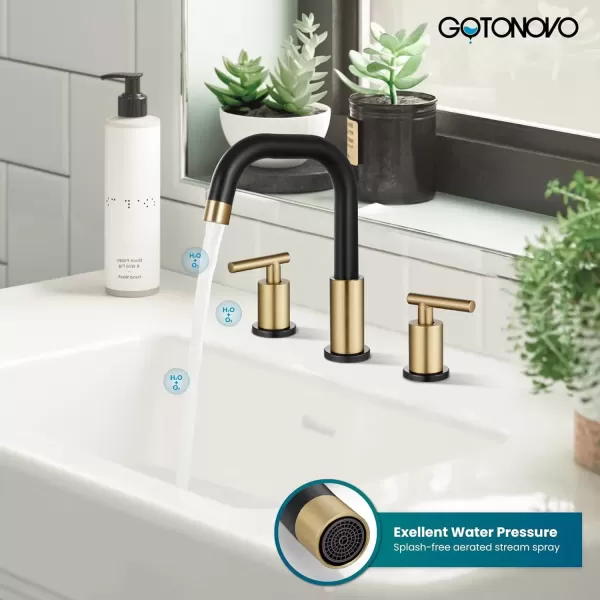 imagegotonovo 8 Inch Widespread Bathroom Sink Faucet 3 Hole 2 Handles Lavatory Basin with Pop Up Drain with Hot and Cold Mixer Valves Vintage Brushed NickelBlack  Brushed Gold