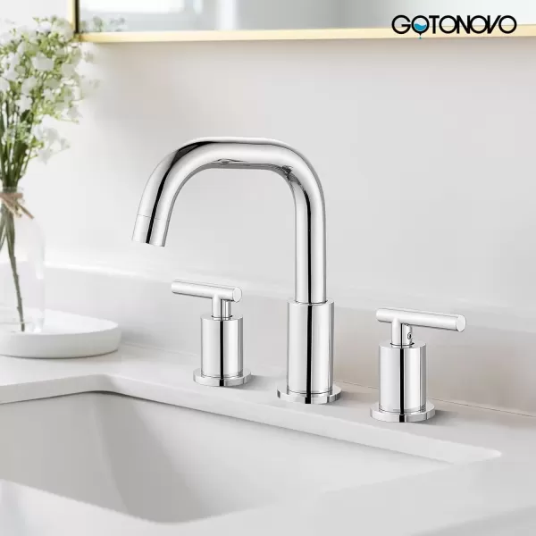 imagegotonovo 8 Inch Widespread Bathroom Sink Faucet 3 Hole 2 Handles Lavatory Basin with Pop Up Drain with Hot and Cold Mixer Valves Vintage Brushed NickelPolished Chrome
