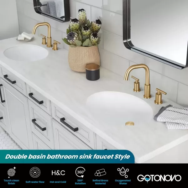 imagegotonovo 8 Inch Widespread Bathroom Sink Faucet 3 Hole 2 Handles Lavatory Basin with Pop Up Drain with Hot and Cold Mixer Valves Vintage Brushed NickelBrushed Gold