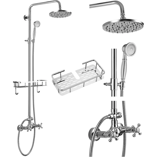 imagegotonovo 8 inch Rainfall Shower Set Wall Mounted Exposed Bathroom Shower Faucet with Shower Shelf Double Cross Handles Adjustable Handheld Sprayer Polish Chrome Shower System Dual FunctionsPolish Chrome