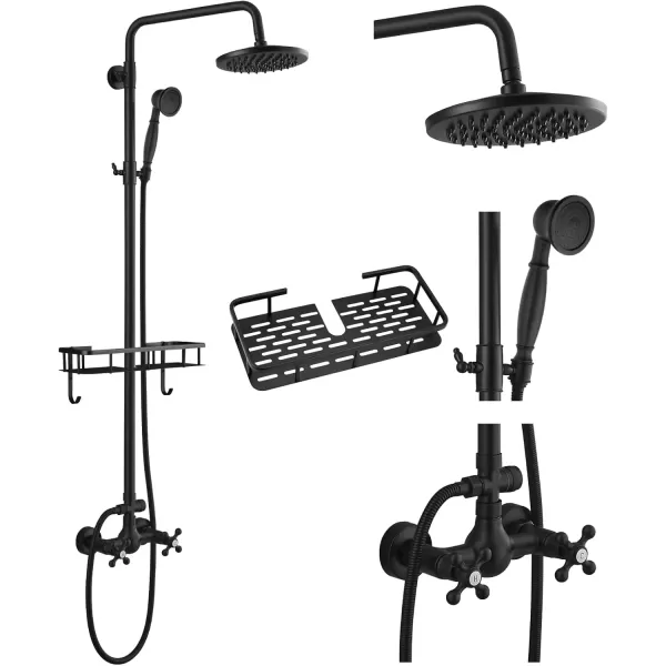 imagegotonovo 8 inch Rainfall Shower Set Wall Mounted Exposed Bathroom Shower Faucet with Shower Shelf Double Cross Handles Adjustable Handheld Sprayer Polish Chrome Shower System Dual FunctionsMatte Black