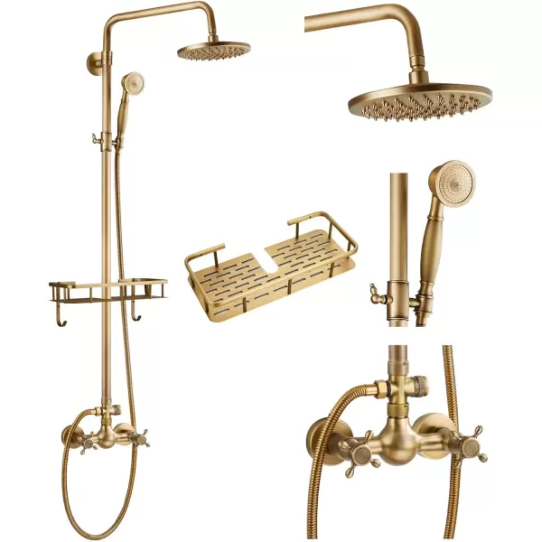 imagegotonovo 8 inch Rainfall Shower Set Wall Mounted Exposed Bathroom Shower Faucet with Shower Shelf Double Cross Handles Adjustable Handheld Sprayer Polish Chrome Shower System Dual FunctionsAntique Brass